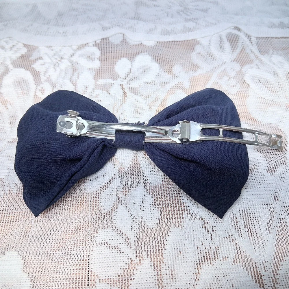 Fabric Bow Barrette French Clip Navy Blue With Brass Studs - Picture 8 of 11